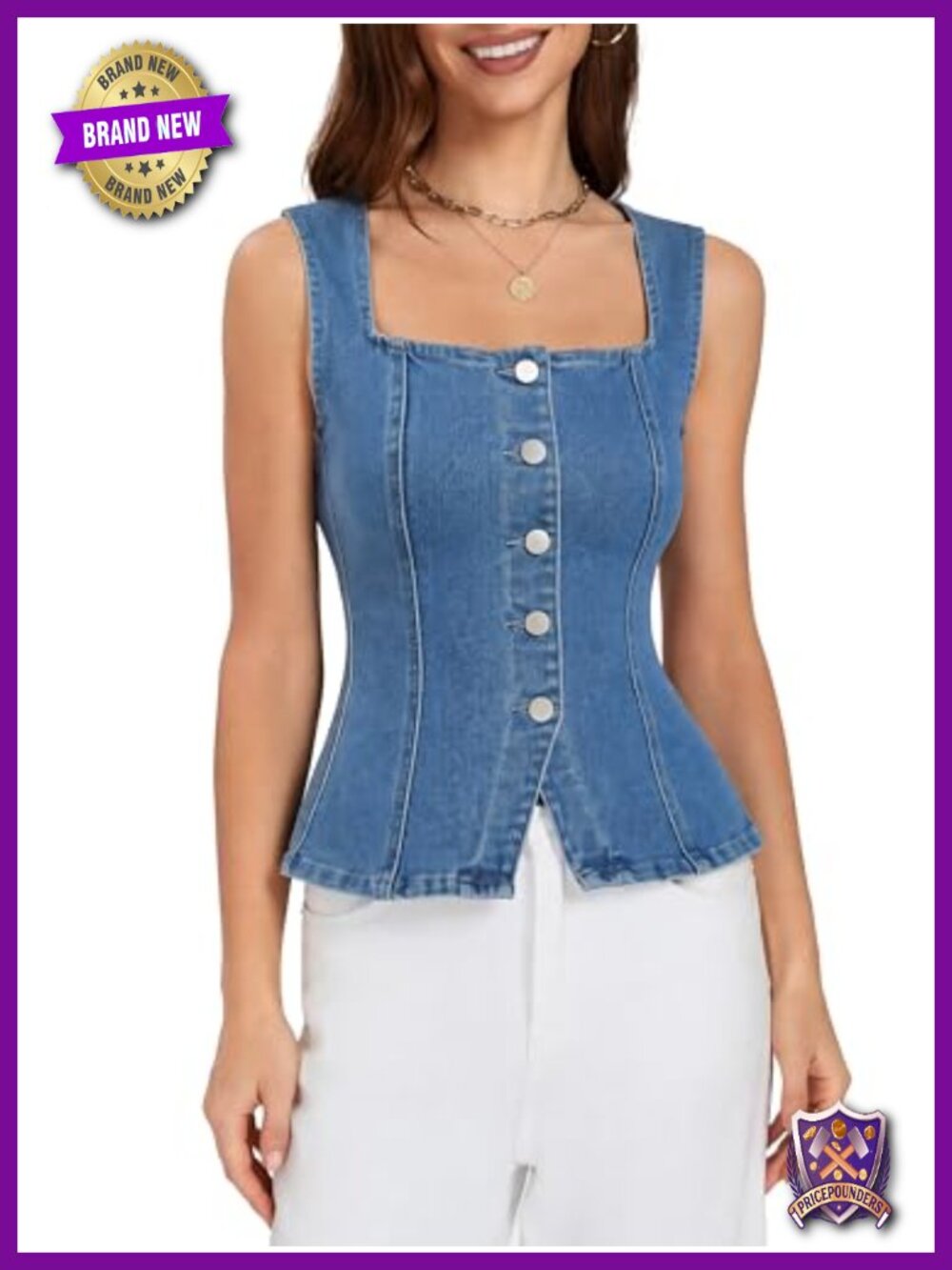 Stretch Denim Vest Button Down Peplum Sleeveless Top